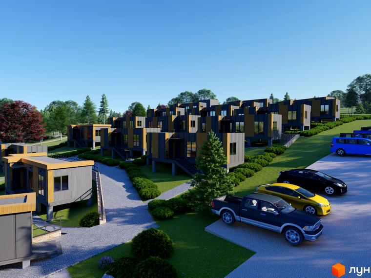 Котеджне містечко КМ КРАСІЯ РЕЗІДЕНС з індивідуальними будинками на схилі гори та парковкою з автомобілями.