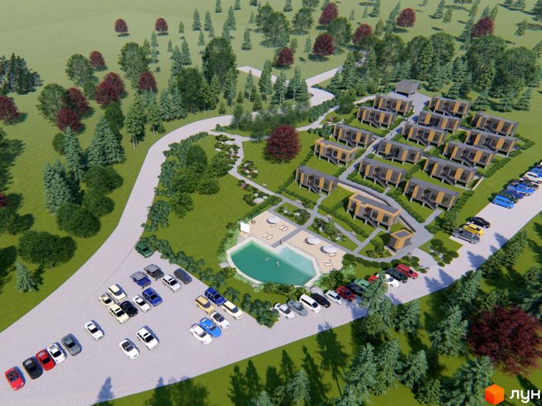 Котеджне містечко КМ КРАСІЯ РЕЗІДЕНС. Зовнішній вигляд будинків та прибудинкова територія з басейном та парковкою.