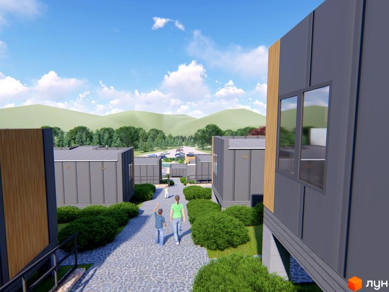 Котеджне містечко КМ КРАСІЯ РЕЗІДЕНС: сірі будинки з дерев'яними елементами та доглянута прибудинкова територія з кущами та бруківкою.