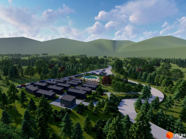 Зображення Котеджного містечка КРАСІЯ РЕЗІДЕНС з котеджами та басейном на прибудинковій території. На задньому плані зелені гори.