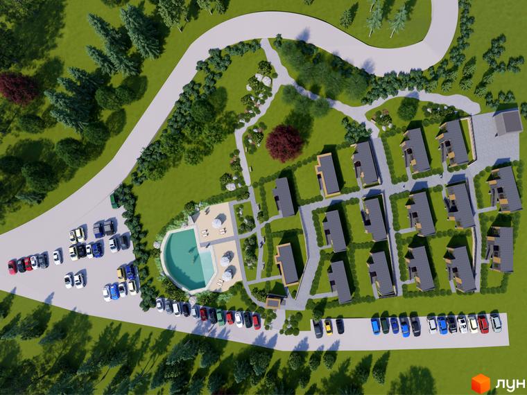 Зображення Котеджного містечка КРАСІЯ РЕЗІДЕНС з котеджами та басейном на прибудинковій території. Вид зверху на будинки та парковку.