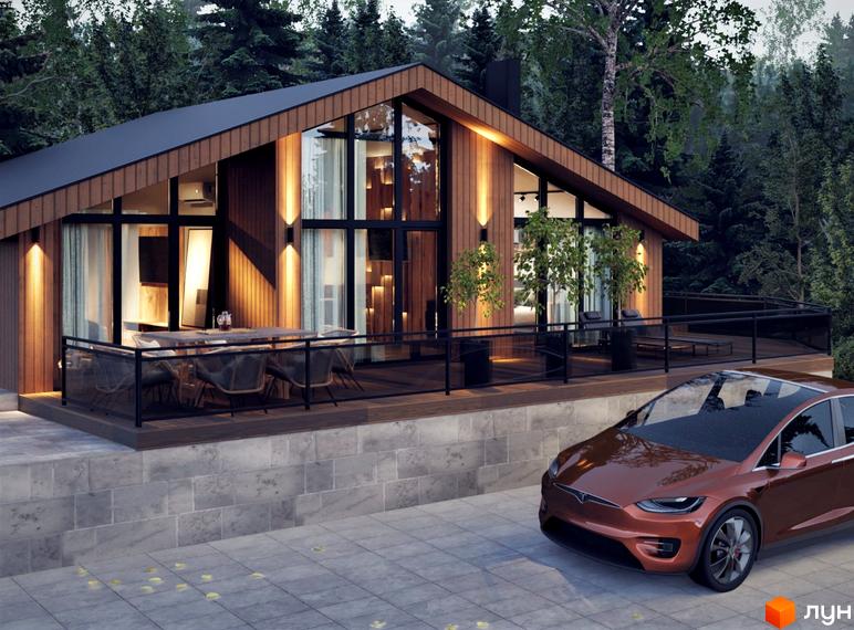 Котеджне містечко КМ Greenhill chalet: дерев'яна архітектура з великими вікнами та терасою, поруч з якою розташована червона автівка.