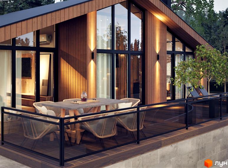 Котеджне містечко Greenhill chalet з дерев'яним фасадом та великими вікнами, тераса з вуличними меблями та зеленню.