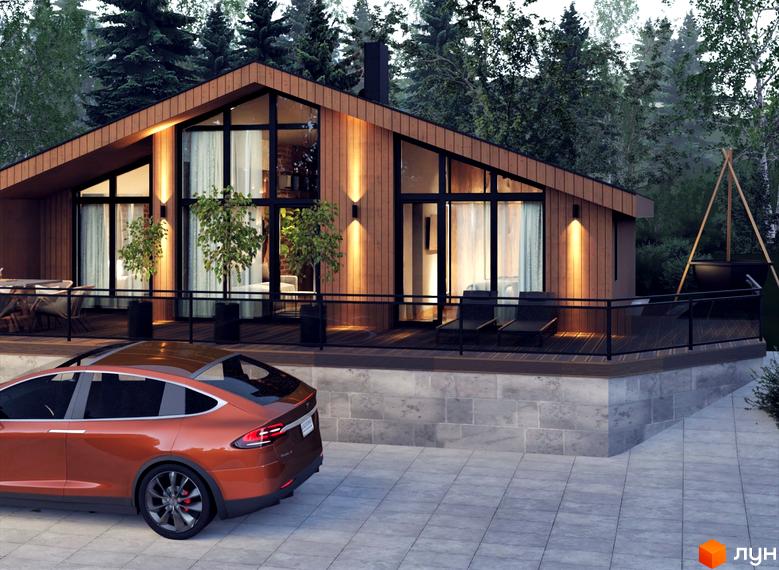 Котеджне містечко Greenhill chalet: дерев'яний будинок з великими вікнами, терасою та зоною відпочинку. Поруч припаркований електромобіль.