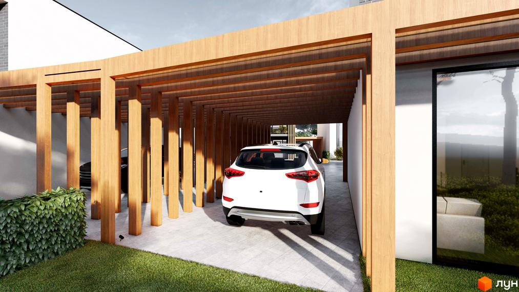 Котеджне містечко КМ Viola Village з сучасним навісом для автомобілів та доглянутою прибудинковою територією. Зелена галявина та кущі біля будинку.