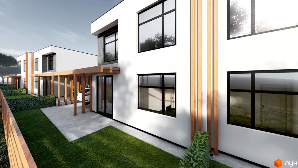 Котеджне містечко Viola Village: білі двоповерхові будинки з великими вікнами та дерев'яними елементами фасаду, зелена галявина та доріжка з бруківки.