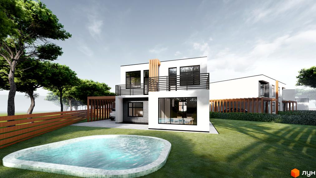 Котеджне містечко КМ Viola Village: двоповерховий будинок з великими вікнами та балконом, зелена галявина з басейном та деревами.