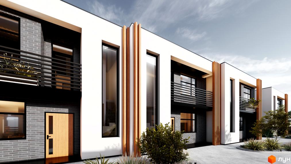 Котеджне містечко Viola Village: фасади будинків з великими вікнами, дерев'яними елементами та балконами, прибудинкова територія з кущами та доріжками.