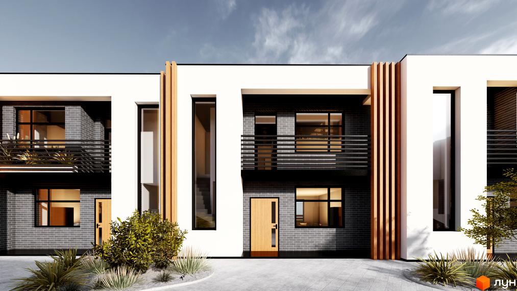 Котеджне містечко КМ Viola Village: двоповерхові будинки з цегляними фасадами, балконами та великими вікнами. Прибудинкова територія з ландшафтним дизайном та доріжками.