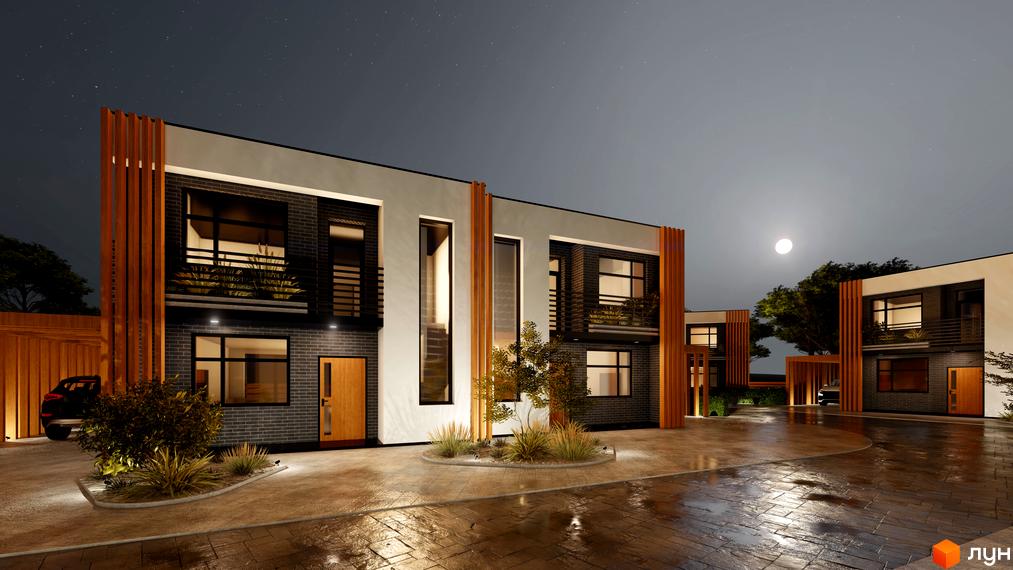 Котеджне містечко Viola Village. Сучасна архітектура двоповерхових будинків з дерев'яними елементами та доглянутою прибудинковою територією в нічний час.