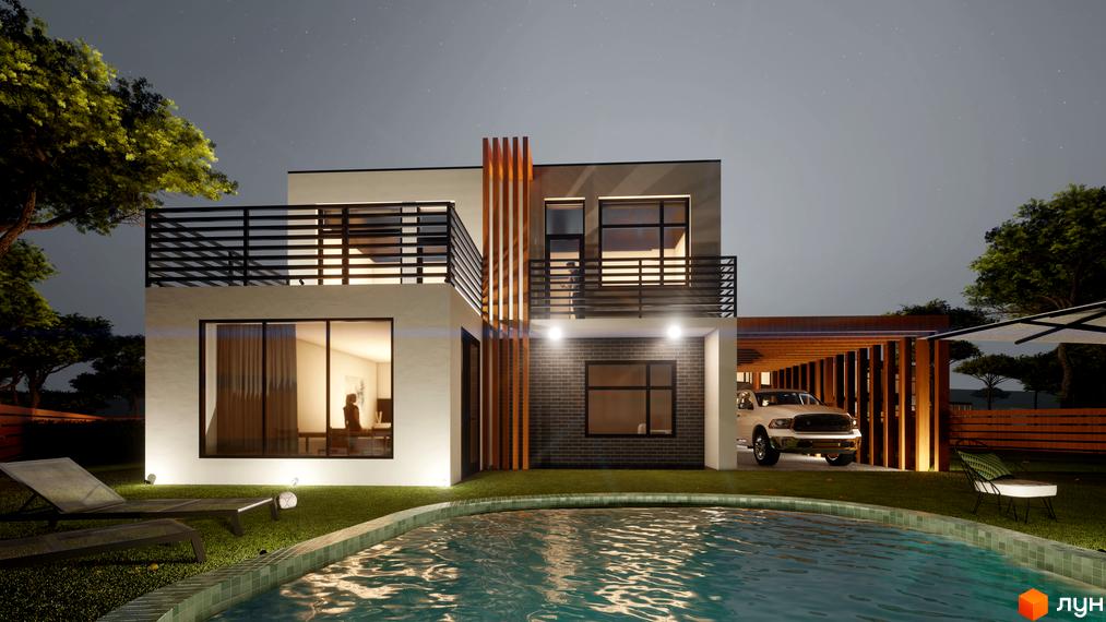 Котеджне містечко КМ Viola Village з басейном та парковкою. Двоповерховий будинок з балконами та великими вікнами.