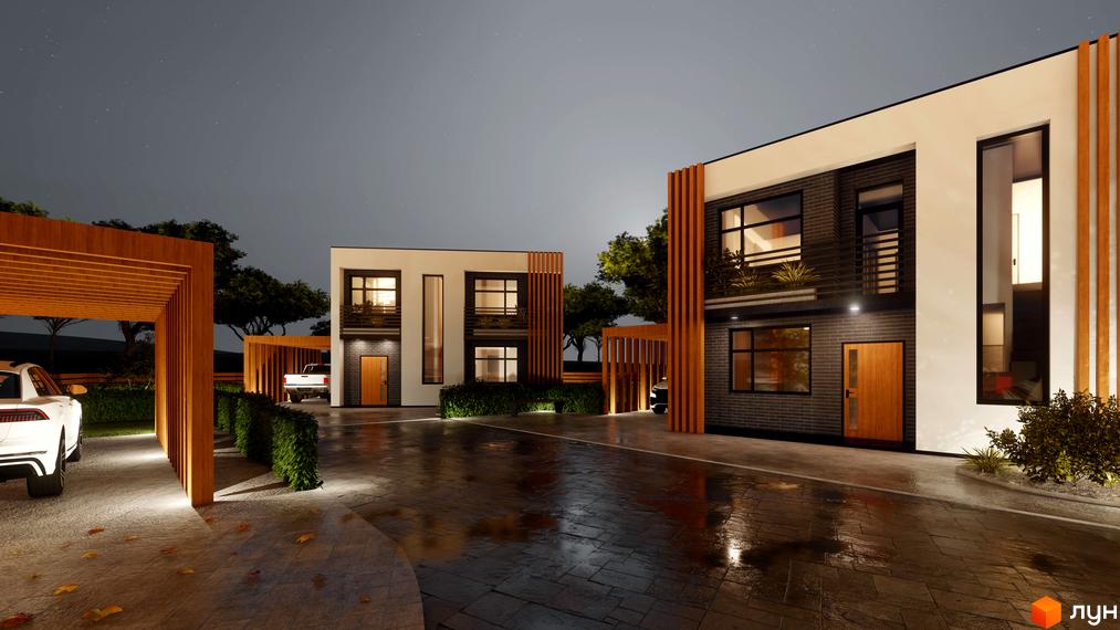 Котеджне містечко Viola Village з сучасними фасадами та дерев'яними елементами, прибудинкова територія з освітленням та зеленими насадженнями.