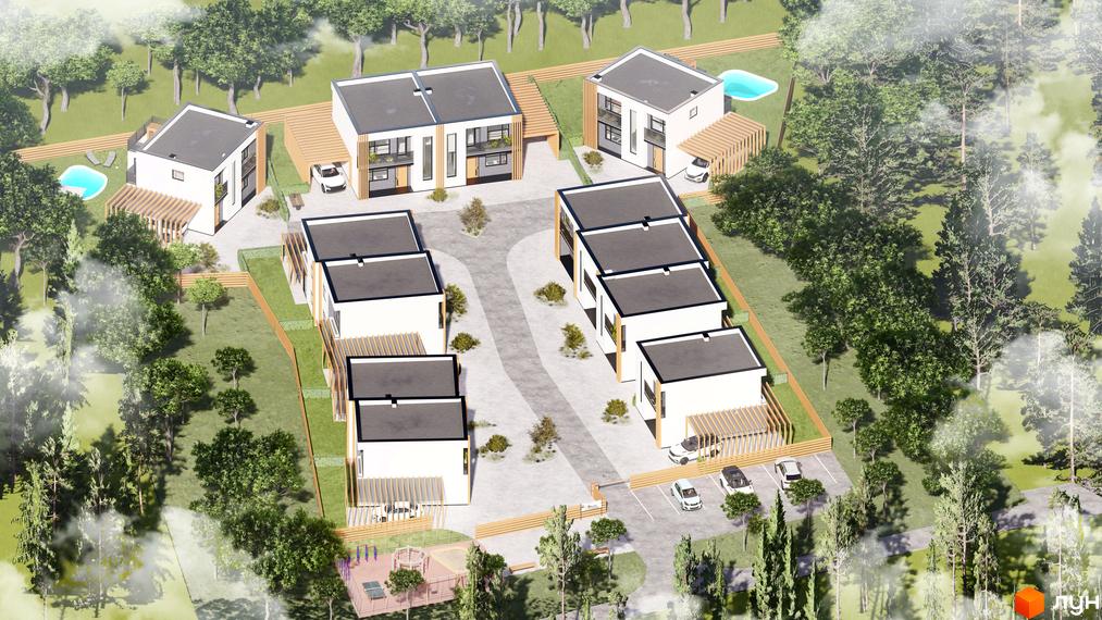 Котеджне містечко КМ Viola Village. Сучасні двоповерхові будинки з пласкими дахами, огородженою територією та зеленими зонами.