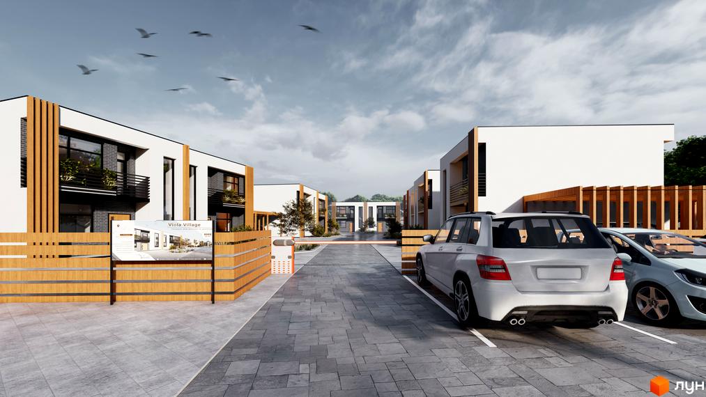 Котеджне містечко Viola Village: сучасні будинки з дерев'яними елементами та доглянутою прибудинковою територією з паркуванням.