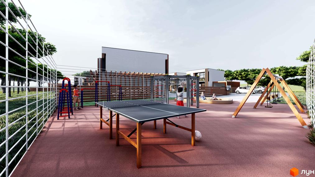 Котеджне містечко КМ Viola Village з дитячим майданчиком та зонами для відпочинку. Сучасна архітектура будинків та зелена прибудинкова територія.