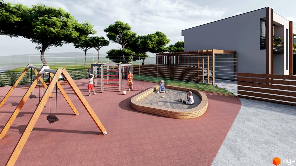 Котеджне містечко КМ Viola Village: сучасна архітектура будинку та дитячий майданчик з пісочницею та гойдалками.