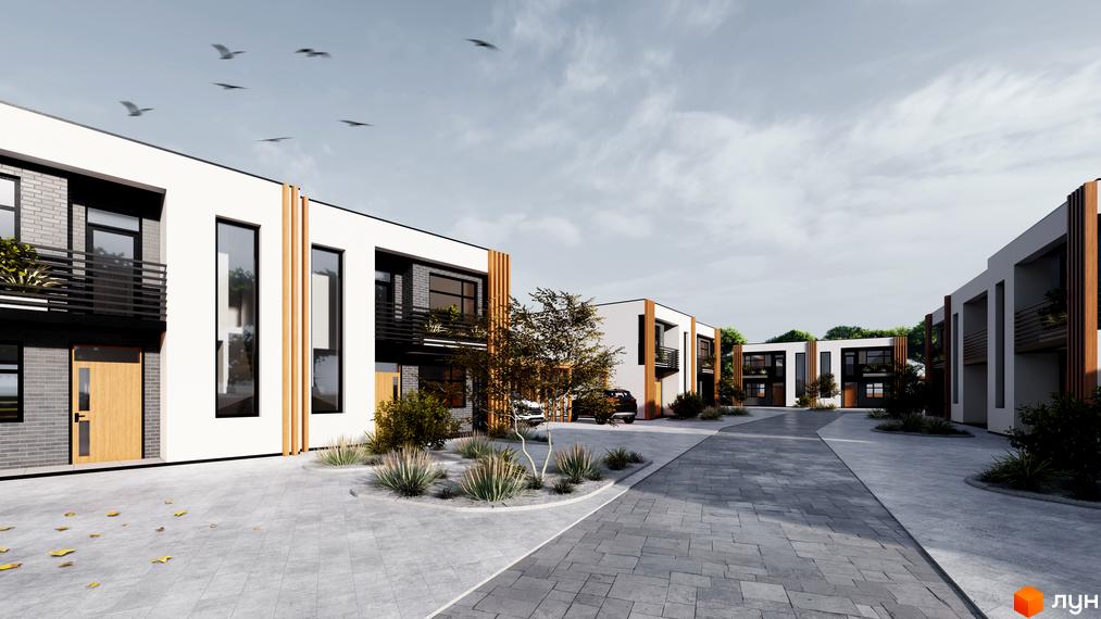 Котеджне містечко Viola Village з білими фасадами, темними вікнами та дерев'яними елементами. Навколо новобудов розташована брукована дорога та зелені насадження.