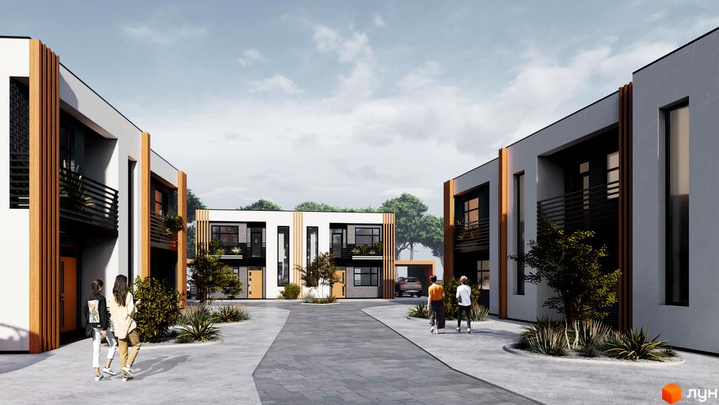 Котеджне містечко Viola Village. Зовнішній вигляд будинків з дерев'яними елементами та балконами, облаштована прибудинкова територія з доріжками та рослинністю.