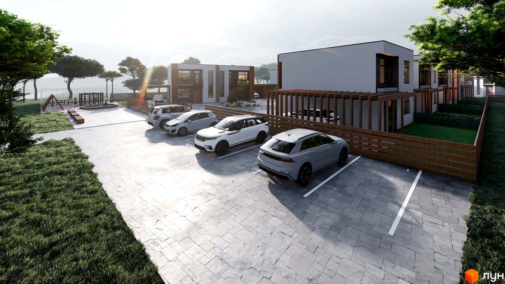 Котеджне містечко КМ Viola Village: сучасні будинки з паркінгом та дитячим майданчиком біля водойми. Затишна територія з зеленими насадженнями.