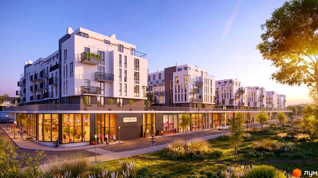 Житловий комплекс SILENT PARK з білими фасадами, балконами та комерційними приміщеннями на першому поверсі. Навколо комплексу зелена зона з деревами та травою.