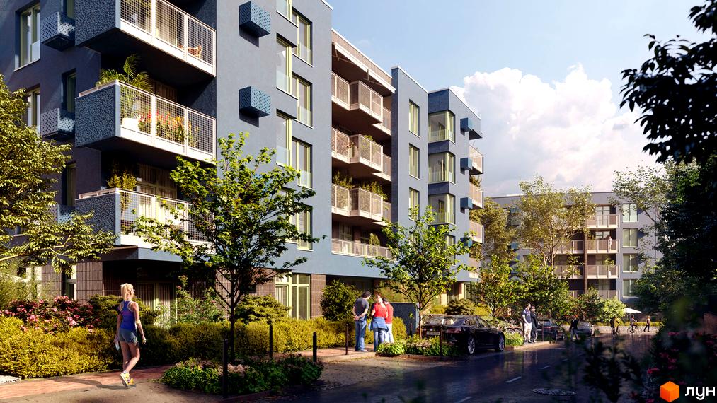 Житловий комплекс ПІД ЗОРЯМИ з блакитними фасадами, балконами та зеленою територією. Навколо будівель розташовані дерева та кущі, а також є парковка та пішохідні доріжки.