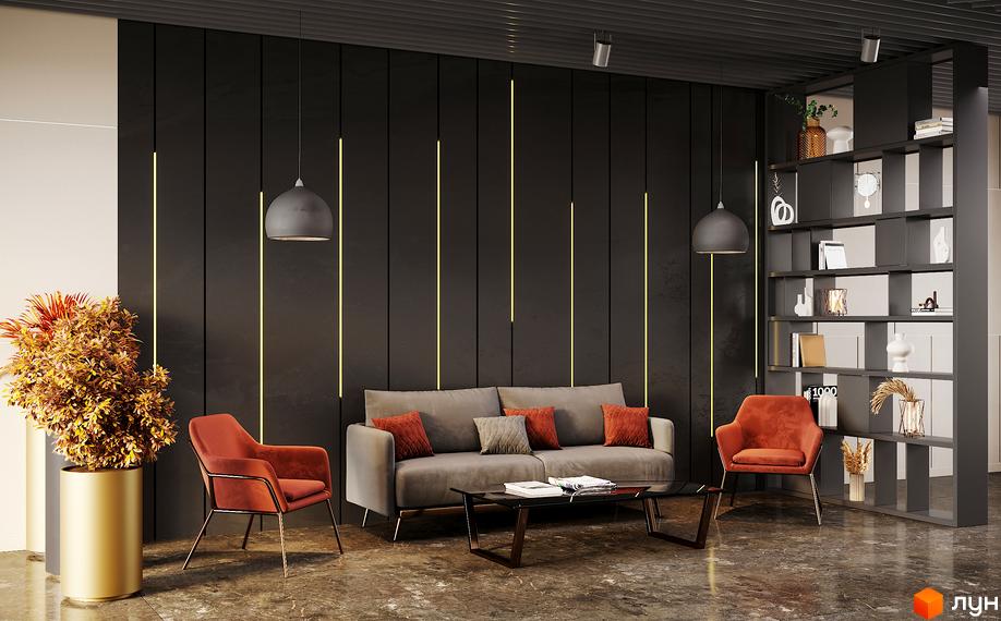 Інтер'єр вітальні в ЖК Mont Blanc з диваном та кріслами.