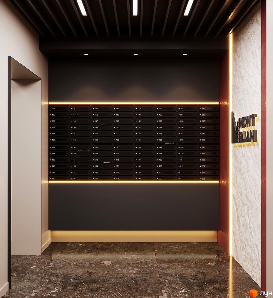 Зовнішній вигляд новобудови Mont Blanc з поштовими скриньками та підсвічуванням. Сучасний дизайн фасаду з елементами мармуру.