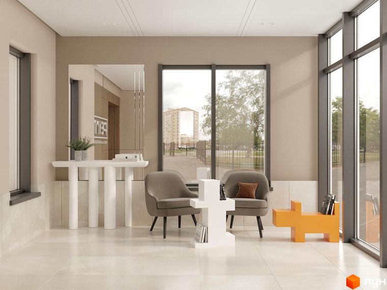 Інтер'єр холу у Житловому комплексі PEYOT з м'якими кріслами, журнальним столиком та великими вікнами. Вигляд на вулицю з озелененням.