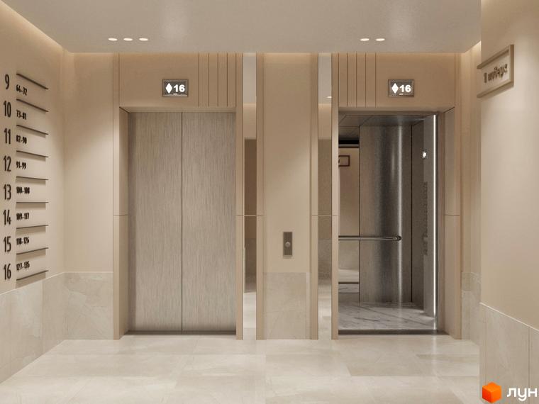 Інтер'єр ліфтового холу в Будівельному проєкті PEYOT з номерами поверхів. Два ліфти з металевими дверима та цифровими дисплеями.