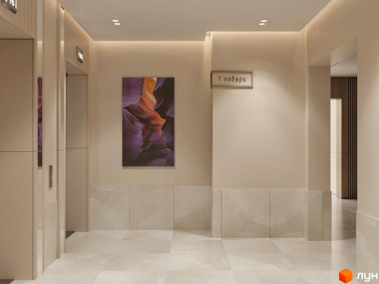 Інтер'єр холу в Житловому комплексі PEYOT з ліфтами, картиною та мармуровою обробкою стін.