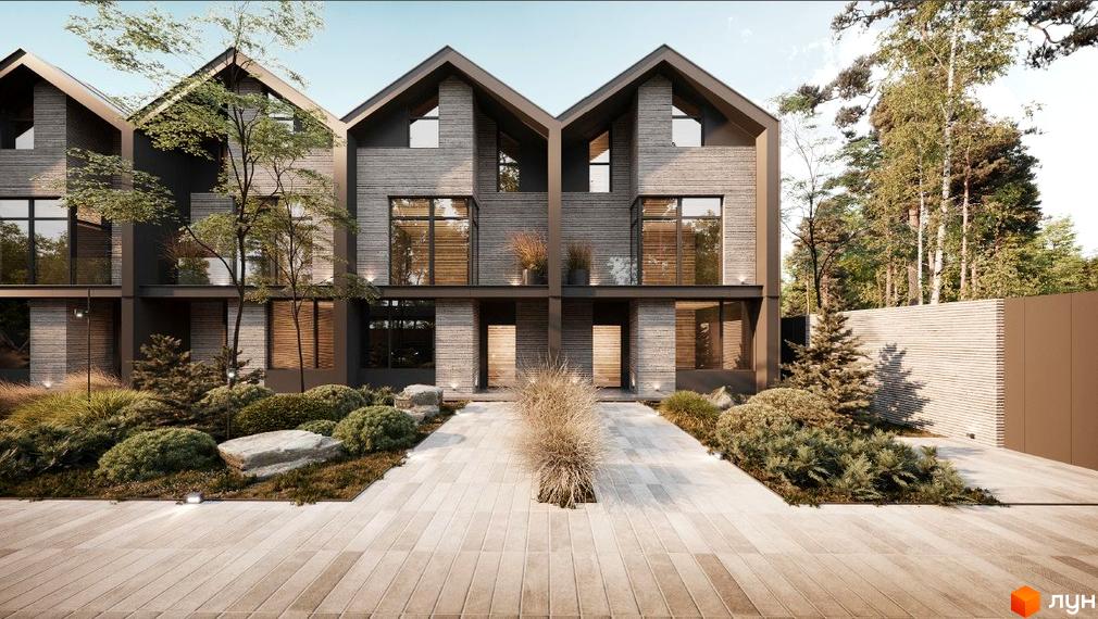 Таунхаус Forest Lane з сірим фасадом та великими вікнами, оточений зеленню та вимощеною доріжкою. Сучасний житловий комплекс для комфортного життя.