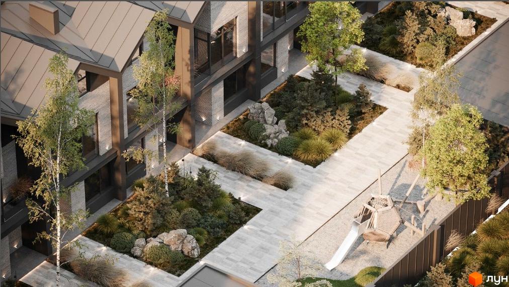 Таунхаус Forest Lane з цегляним фасадом та великими вікнами, оточений ландшафтним дизайном з деревами та дитячим майданчиком.