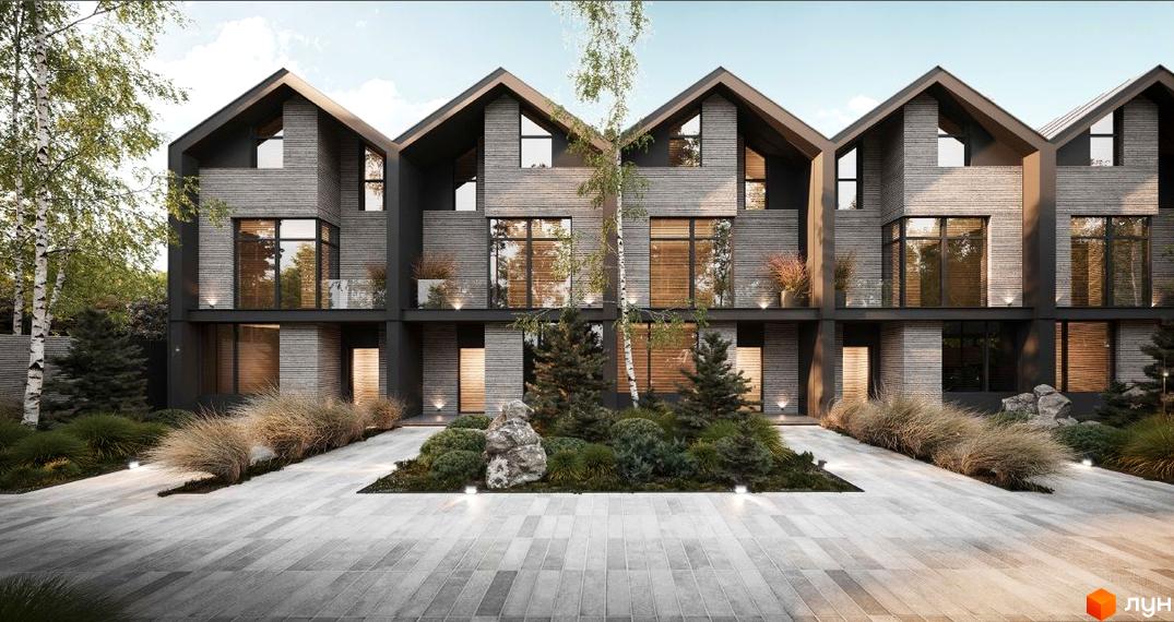 Таунхаус Forest Lane з сірим фасадом та великими вікнами, оточений зеленню та вимощеною доріжкою.