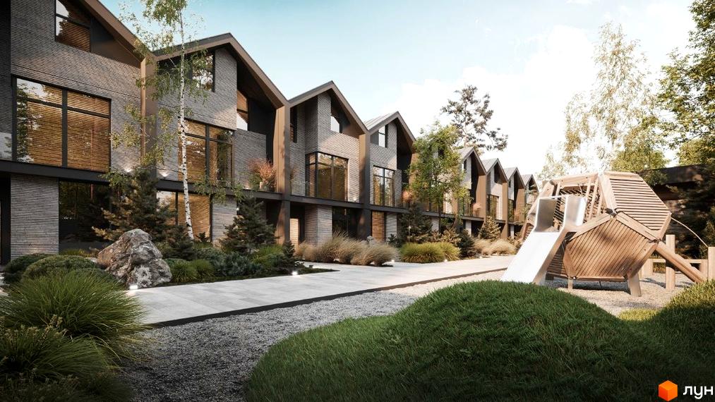 Таунхаус Forest Lane з сірої цегли з великими вікнами та дитячим майданчиком з дерев'яною гіркою. Сучасна архітектура та доглянута прибудинкова територія.