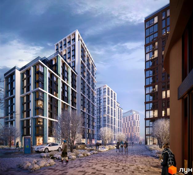 Житловий комплекс LUCKY LAND: багатоповерхові будинки з різними фасадами та великими вікнами, прибудинкова територія зі снігом, деревами та пішохідною зоною.