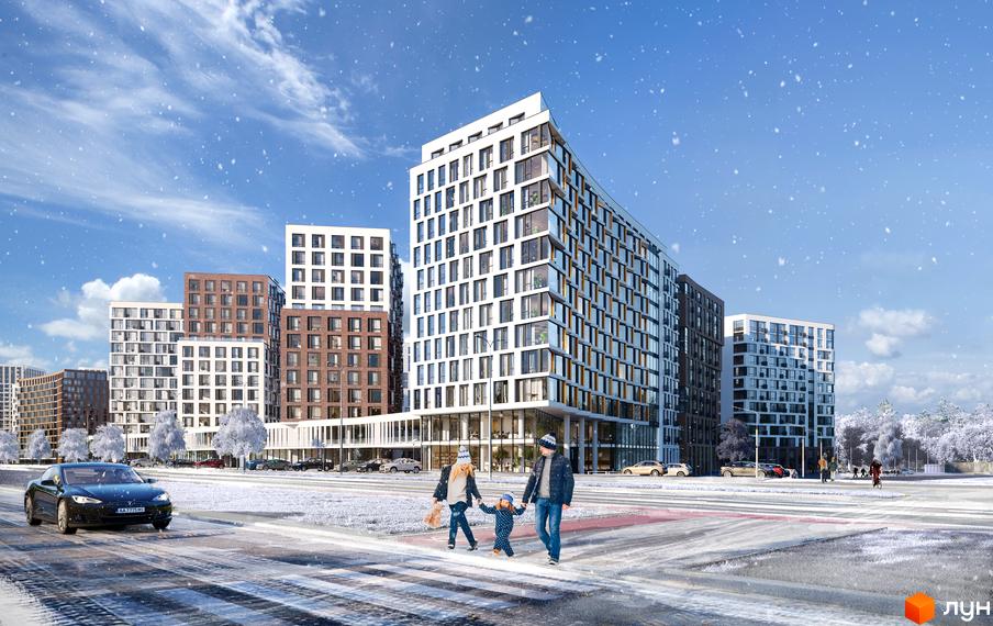 Житловий комплекс LUCKY LAND з багатоповерховими будинками білого та цегляного кольору на тлі зимового пейзажу зі снігом, дорогою та пішоходами.