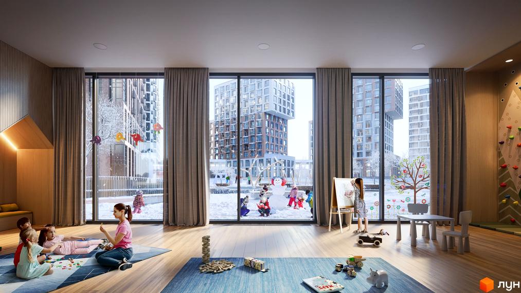 Багатоповерхові будинки Житловий комплекс LUCKY LAND з різними фасадами та засніжена прибудинкова територія, де граються діти.