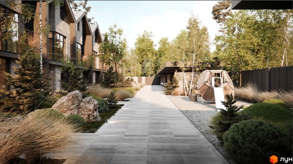 Таунхаус Forest Lane з кам'яним фасадом та великими вікнами, оточений зеленню та доріжкою з плитки. На території дитячий майданчик та зона відпочинку.