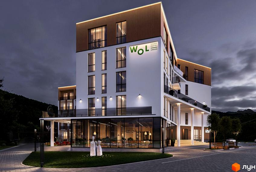 Апарт-готель WOL.GREEN POLYANA: багатоповерхова будівля з білим фасадом, дерев'яними елементами та великими вікнами. Прибудинкова територія з газоном та освітленням.