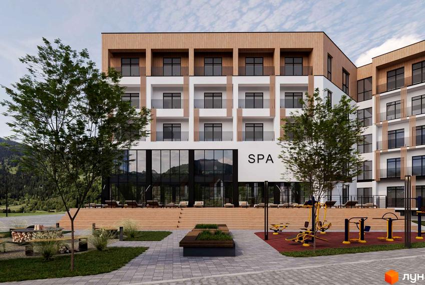 Апарт-готель WOL.GREEN POLYANA з білим фасадом, дерев'яними вставками та скляними балконами. Прибудинкова територія має зелені насадження, зону відпочинку та спортмайданчик.