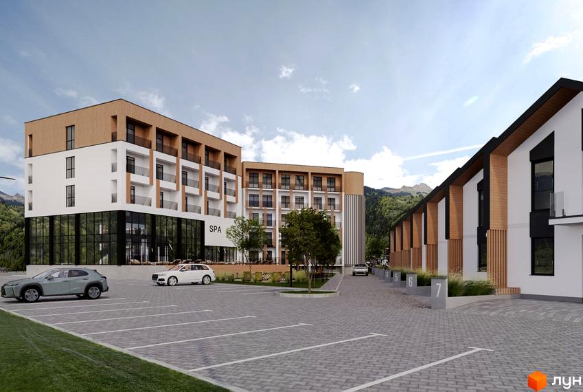 Апарт-готель WOL.GREEN POLYANA з білим фасадом, дерев'яними елементами та балконами. Поруч розташовані котеджі з похилими дахами та паркінг.