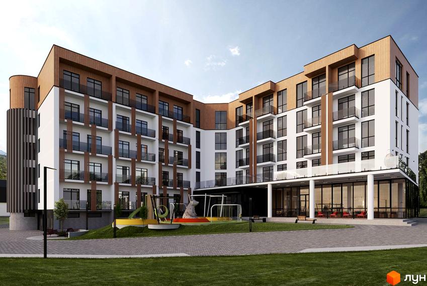 Апарт-готель WOL.GREEN POLYANA: багатоповерховий будинок з білим фасадом, дерев'яними елементами та балконами. На прилеглій території дитячий майданчик.