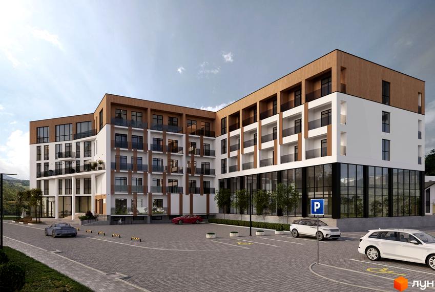 Апарт-готель WOL.GREEN POLYANA має білі фасади, дерев'яні елементи та великі вікна на першому поверсі. Прибудинкова територія включає парковку та озеленення.