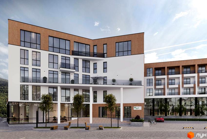 Апарт-готель WOL.GREEN POLYANA з білим фасадом, дерев'яними елементами та великими вікнами. Навколо вимощена територія з деревами, лавками та парковкою.
