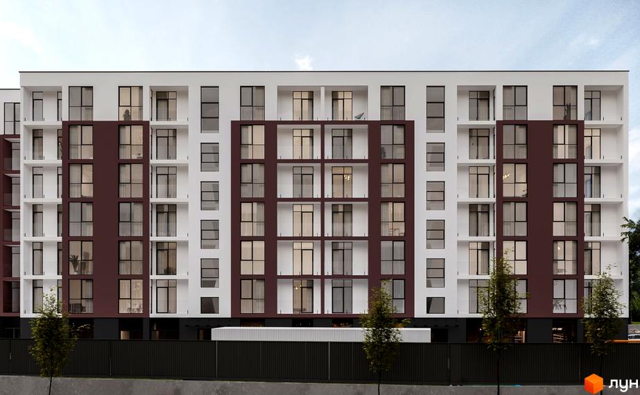 Житловий комплекс Набережний квартал: багатоповерховий будинок з білим фасадом, темно-коричневими вставками та великими вікнами. Перед будинком видно паркан і дерева.