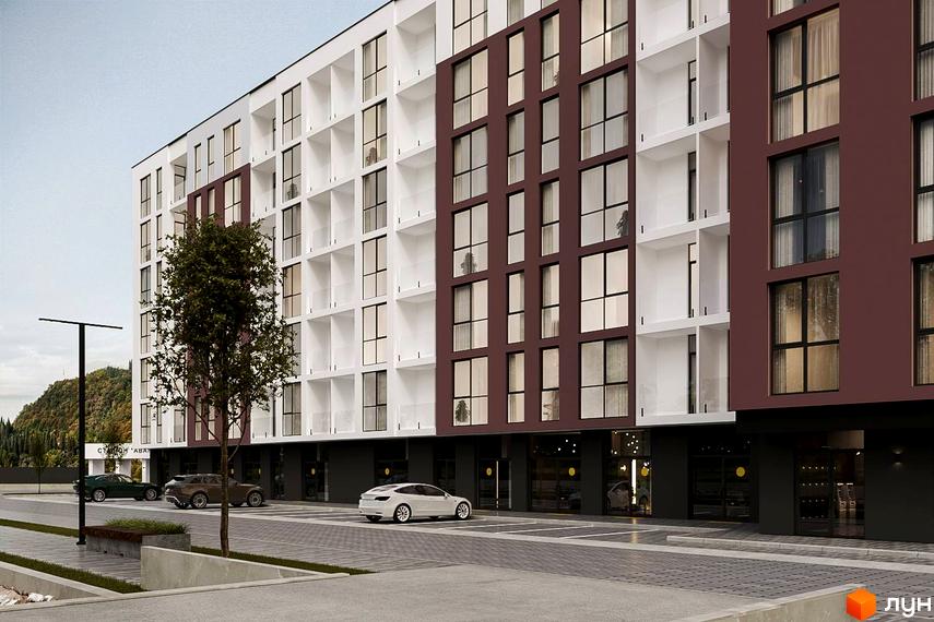 Зображення фасаду Житлового комплексу Набережний квартал. Багатоповерхова будівля з великими вікнами та припаркованими автомобілями.