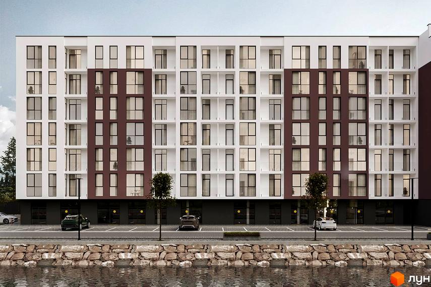 Житловий комплекс Набережний квартал: багатоповерховий будинок з білим фасадом та темно-коричневими вставками. Перед ним парковка, дерева та кам'яна набережна біля води.