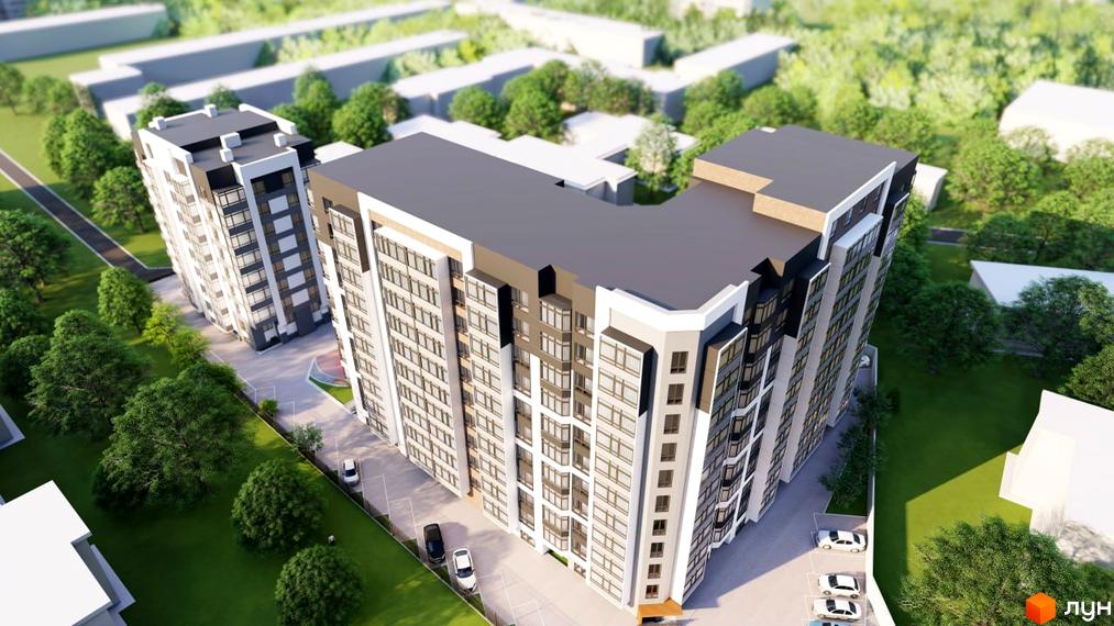 Житловий комплекс Курортний: сучасна новобудова з багатоповерховими будинками та зеленою прибудинковою територією. Комплекс має вигляд з висоти пташиного польоту.