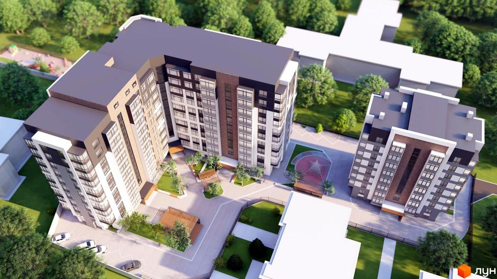 Зовнішній вигляд житлового комплексу Курортний з багатоповерховими будинками та прибудинковою територією з дитячим майданчиком та зонами відпочинку.