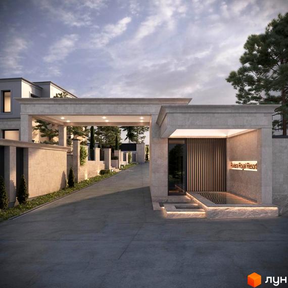 Котеджне містечко Riviera Royal з кам'яним фасадом та підсвіченою водою біля входу. Прибудинкова територія з доглянутими газонами та деревами.